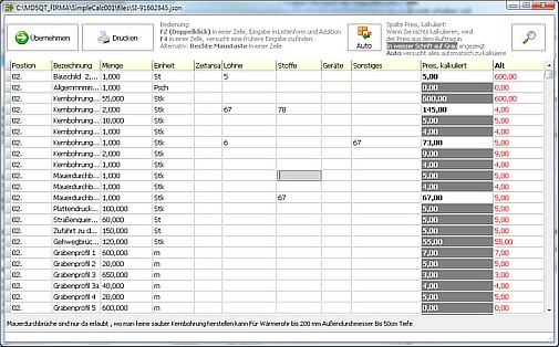 Kalkulation von Bauleistungen u.ä.