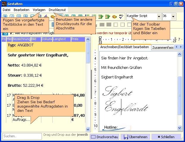 Komplexe Dokumente mit Anschreiben und Zusammenfassung